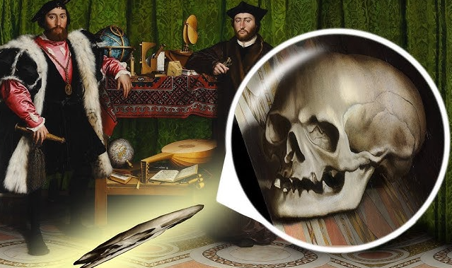 Hans Holbein, The Ambassadors, two men with globe and lute, distorted skull on floor.